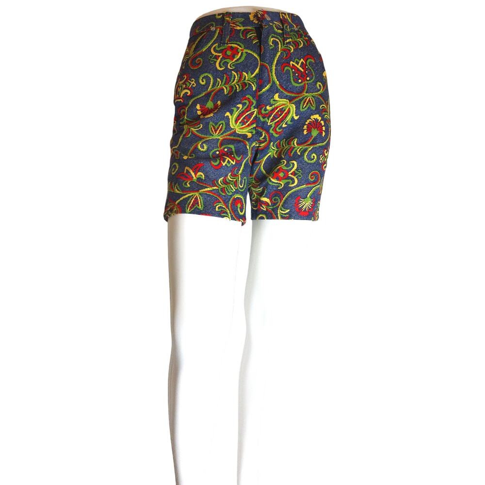 Vintage 70s Maverick Denim Shorts Tapestry Print High Rise Mod Novelty Pattern